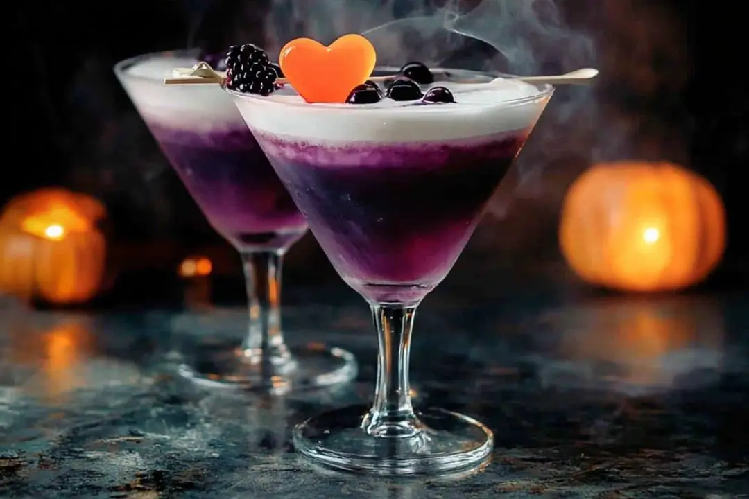 The Witch's Heart is a mesmerizing and spooky cocktail that's perfect for Halloween. With its deep, dark color and swirling shimmer, it looks as enchanting as it tastes. A blend of apple brandy, black vodka, and grenadine, this drink has a fruity yet haunting flavor that will be a hit at any Halloween party. Garnished with dry ice for a smoke-filled effect, it’s sure to captivate your guests.