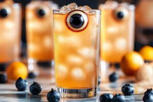 The Eyeball Highball is a spooky and fun Halloween drink, perfect for a festive party. It’s a twist on the classic highball, combining vodka and club soda with lychee “eyeballs” for a creepy yet refreshing look. These eyeball garnishes, made from lychee and blueberries, float eerily in the drink, giving it a frightful appearance that's sure to impress your guests.