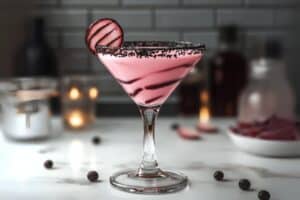 A decadent cocktail that transforms the beloved Cherry Garcia ice cream flavor into liquid form. This sophisticated martini combines chocolate and cherry flavors for a dessert-like drinking experience that's both rich and refreshing.