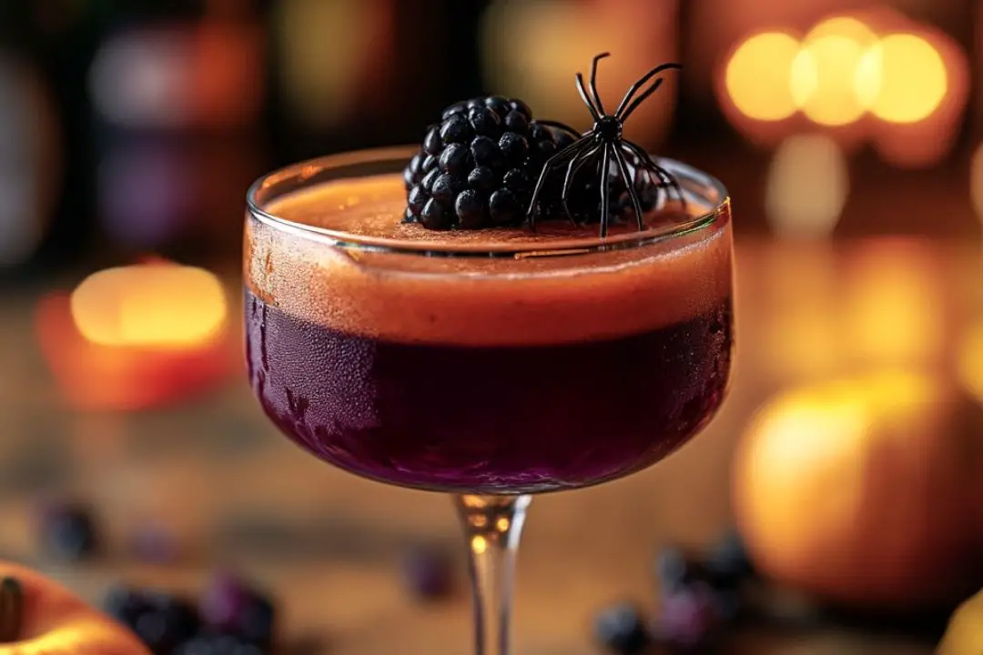 This bold and refreshing cocktail combines fresh blackberries, mint, and a touch of lime with gin for a drink that's both fruity and herbaceous. It’s perfect for a Halloween gathering or any time you’re looking for a twist on a classic gin smash. The deep purple color and mint garnish give it an elegant yet mysterious look, making it a standout in any setting.