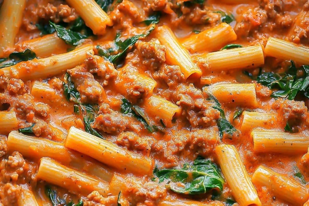 Creamy Sausage Rigatoni with Spinach, Garlic, and Tomato Cream Sauce