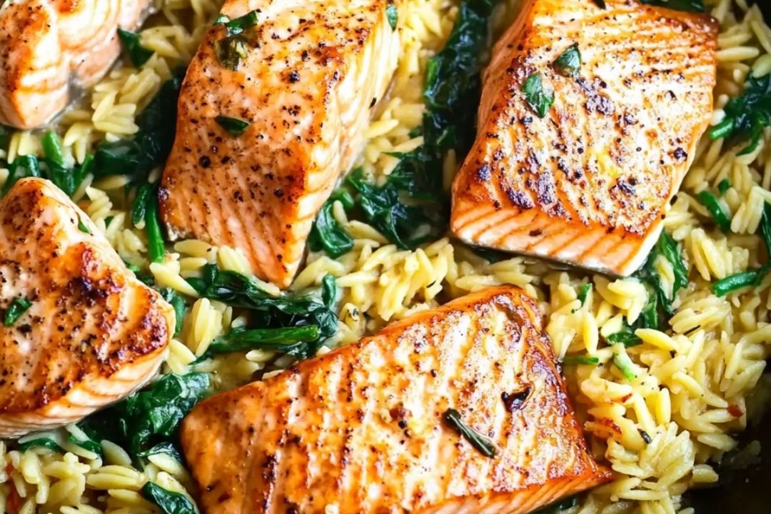 One Skillet Salmon with Lemon Orzo