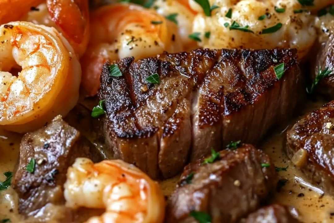 Steak and Seafood Skillet with Garlic Parmesan Cream Sauce