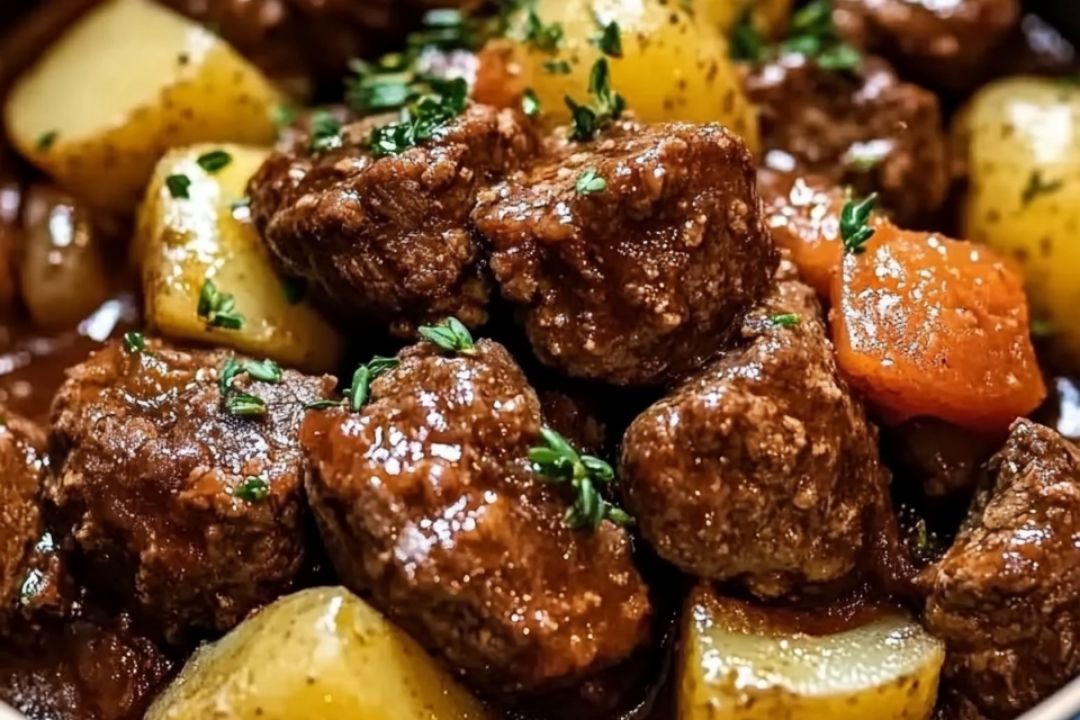 Slow Cooker Garlic Butter Beef Bites & Potatoes