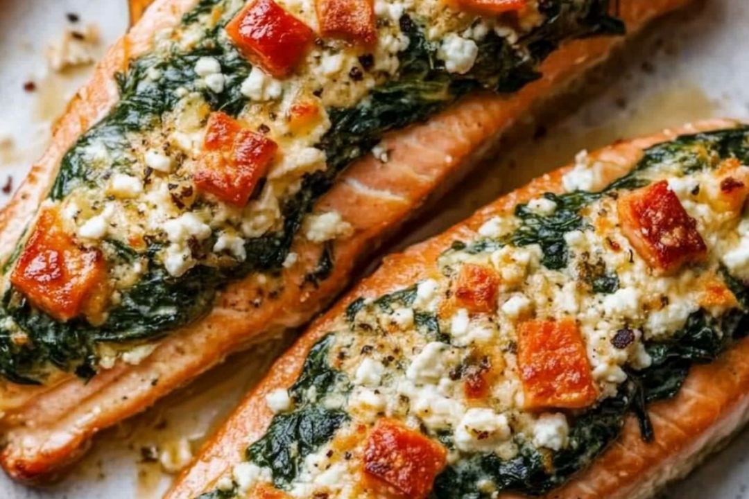 Baked Stuffed Salmon with Spinach and Feta