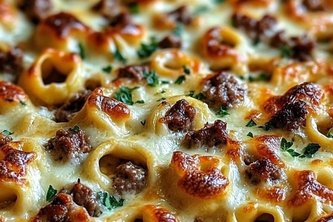 Garlic Parmesan Beef Tortellini Bake