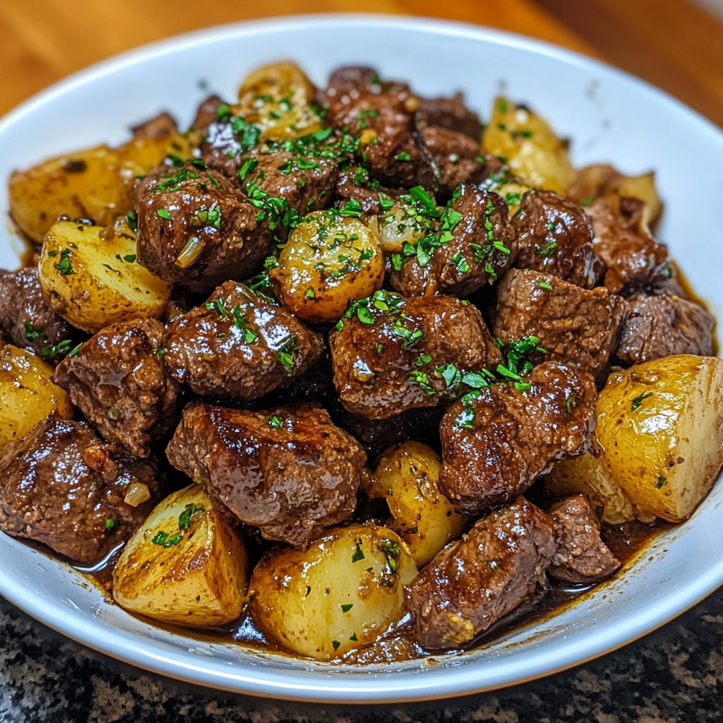 Slow Cooker Garlic Butter Beef Bites & Potatoes