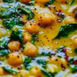 Golden Turmeric Soup with Chickpeas, Orzo, and Spinach