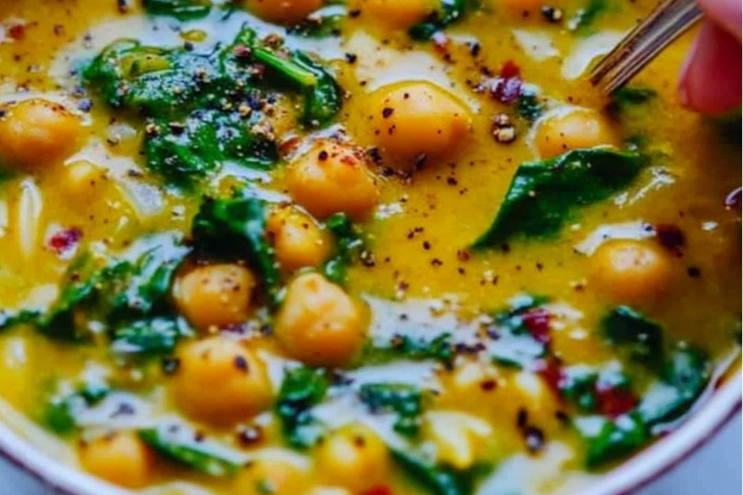 Golden Turmeric Soup with Chickpeas, Orzo, and Spinach