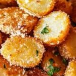 These crispy garlic parmesan crusted potatoes are the ultimate side dish or snack. Each potato half is roasted to golden perfection, with a cheesy, garlicky crust that’s so good it’s hard to stop at just one. If you love crispy, flavorful bites, this recipe is going to be your new favorite!