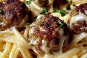 Easy Garlic Butter Meatballs Served Over Creamy Parmesan Linguine