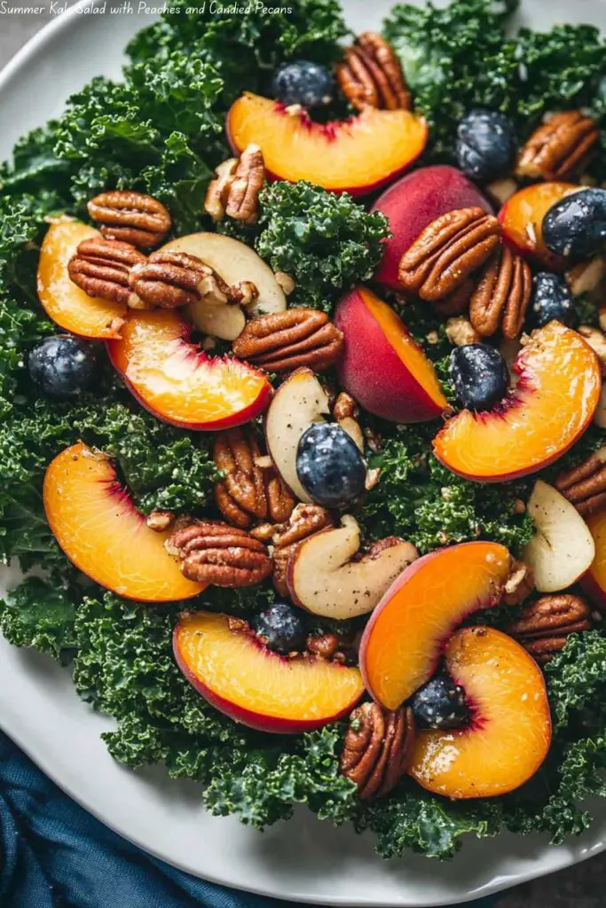 Summer Kale Salad with Peaches and Candied Pecans