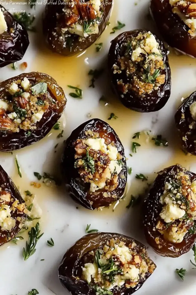 Feta-Parmesan Roasted Stuffed Dates with Honey-Walnut Herb CrunchTopping: