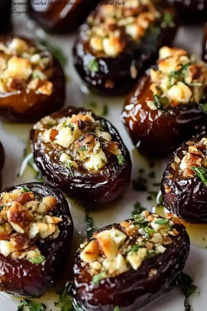 Feta-Parmesan Roasted Stuffed Dates with Honey-Walnut Herb CrunchTopping: