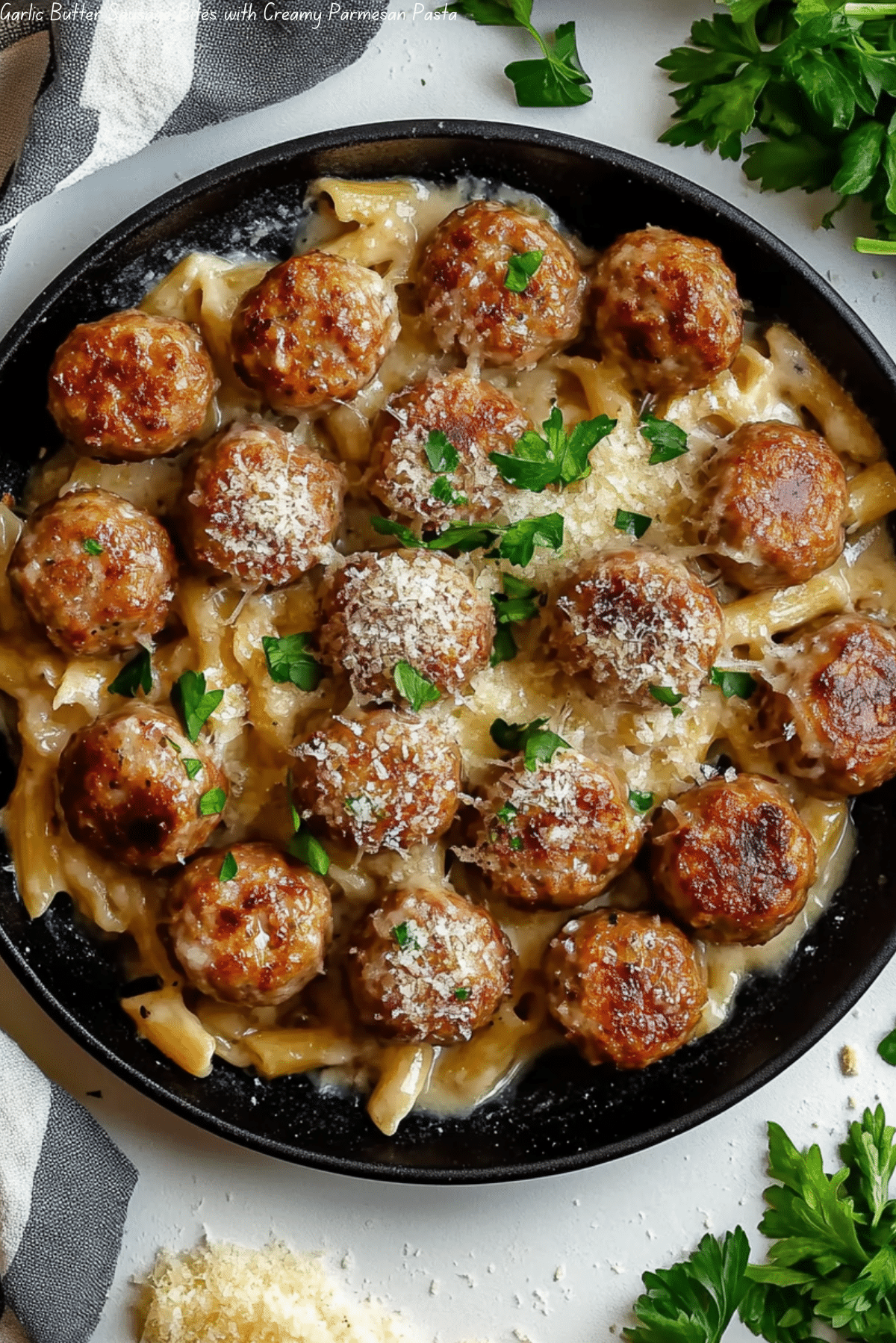 Garlic Butter Sausage Bites with Creamy Parmesan Pasta