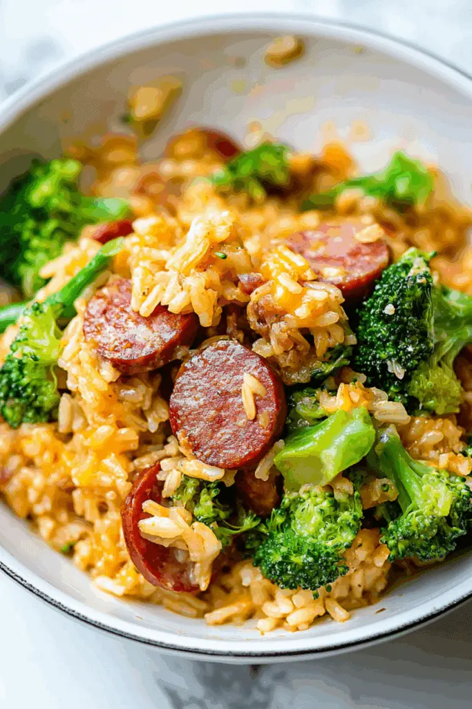 Cheesy Kielbasa Rice and Broccoli Skillet