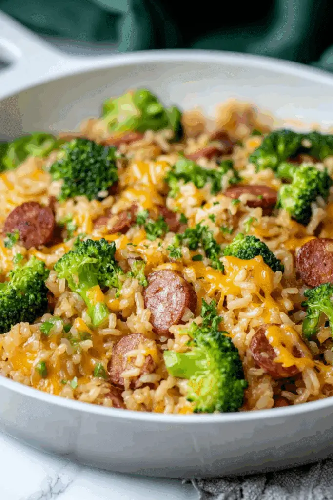 Cheesy Kielbasa Rice and Broccoli Skillet