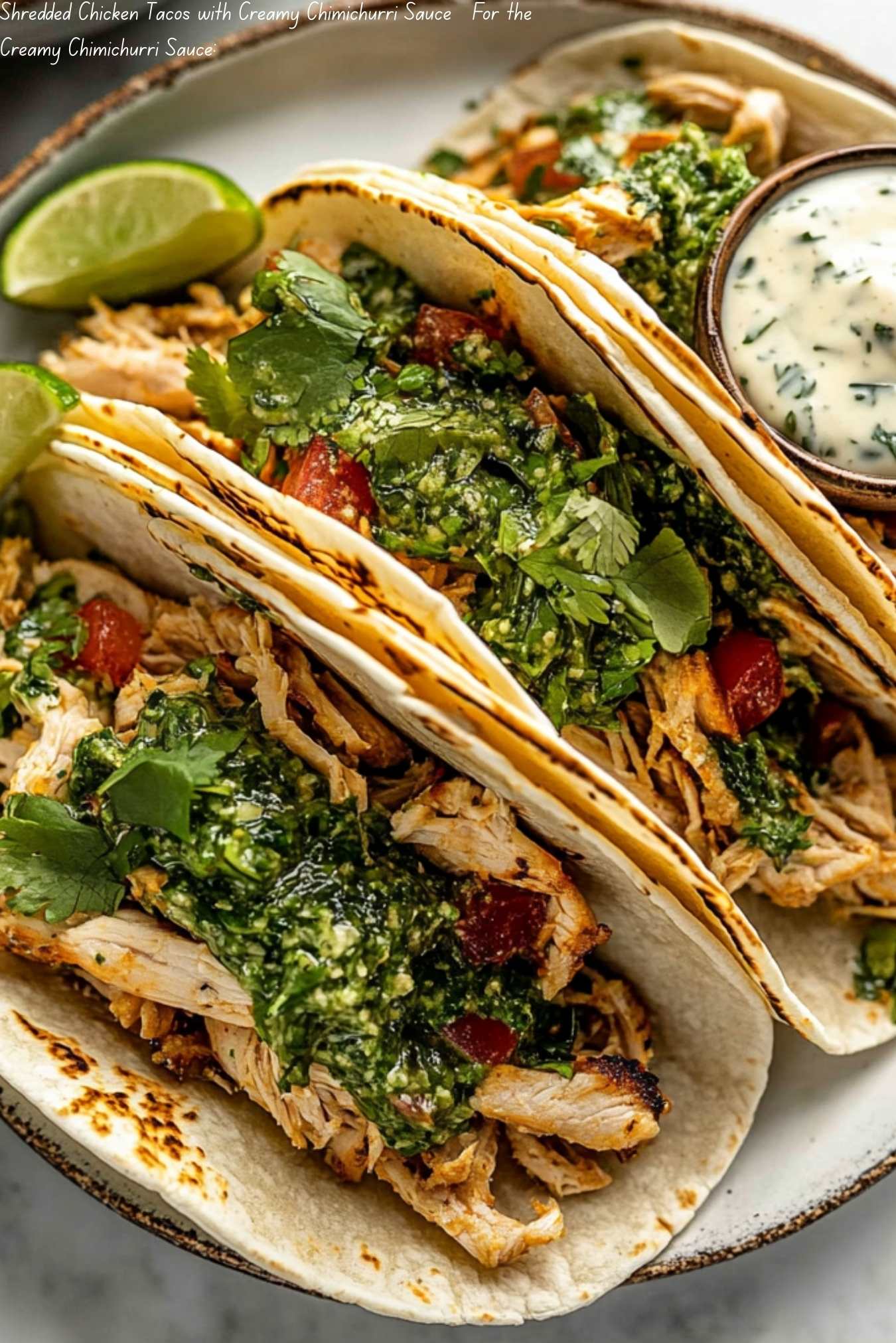 Shredded Chicken Tacos with Creamy Chimichurri Sauce