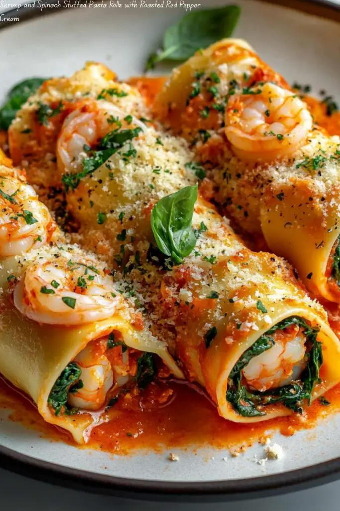 Shrimp and Spinach Stuffed Pasta Rolls with Roasted Red Pepper Cream