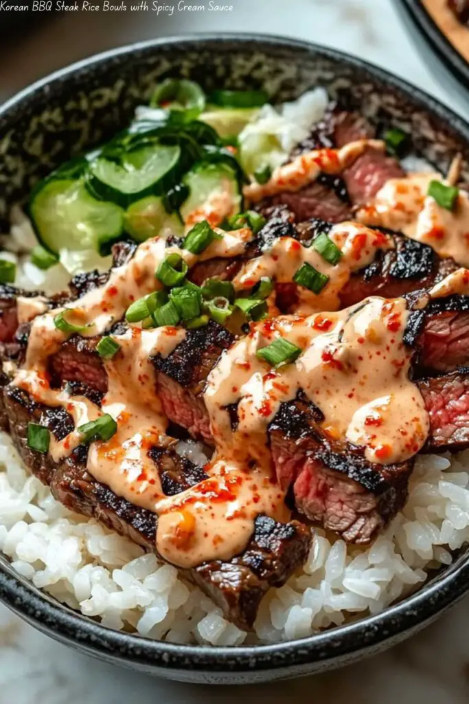 Korean BBQ Steak Rice Bowls with Spicy Cream Sauce