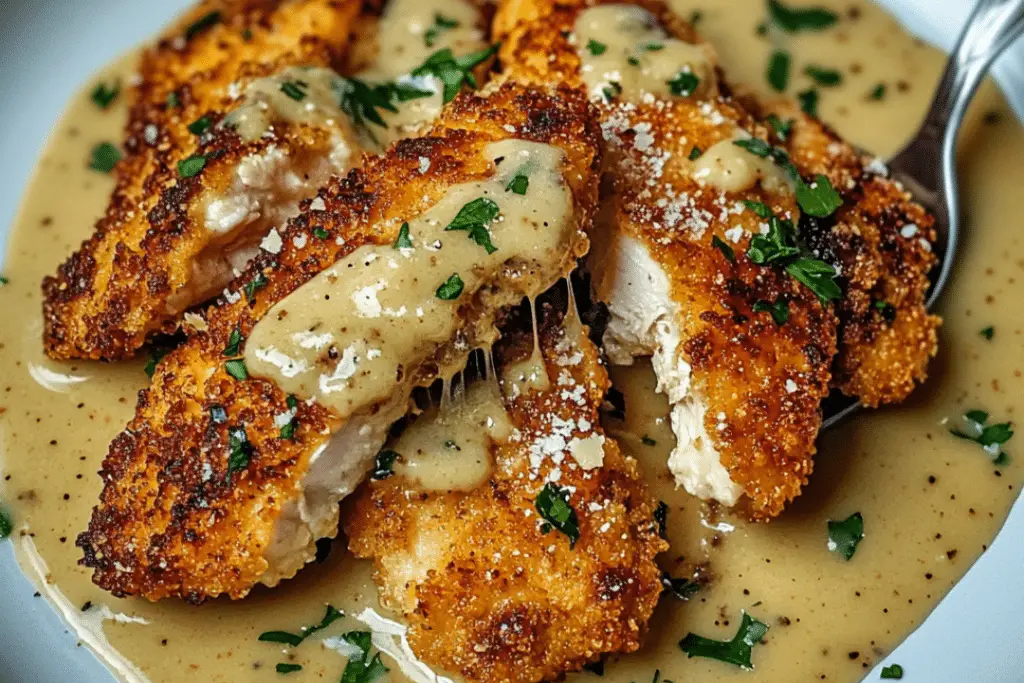 Crispy Parmesan Chicken with a Rich Garlic Sauce