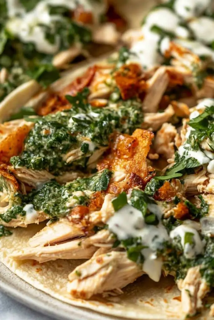 Shredded Chicken Tacos with Creamy Chimichurri Sauce