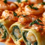 Shrimp and Spinach Stuffed Pasta Rolls with Roasted Red Pepper Cream