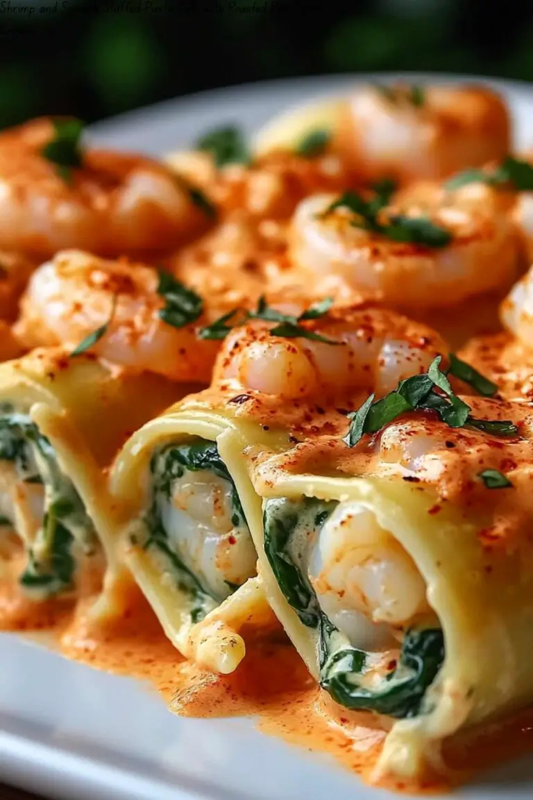 Shrimp and Spinach Stuffed Pasta Rolls with Roasted Red Pepper Cream