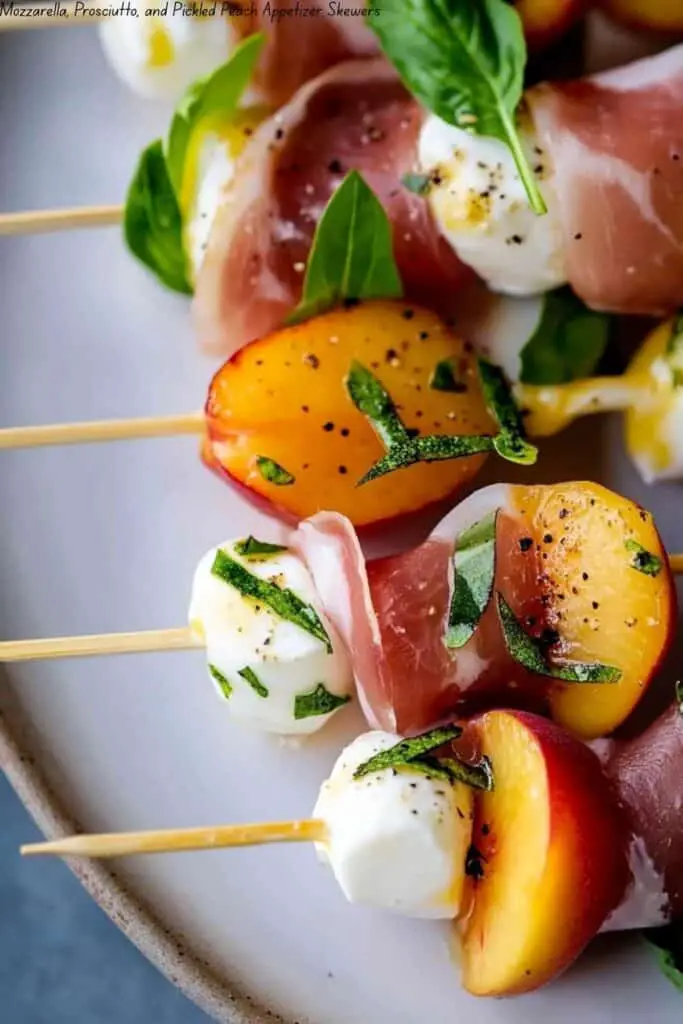 Mozzarella, Prosciutto, and Pickled Peach Appetizer Skewers