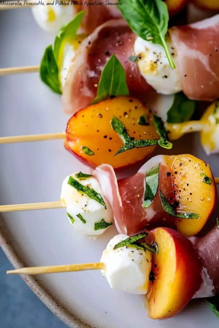 Mozzarella, Prosciutto, and Pickled Peach Appetizer Skewers