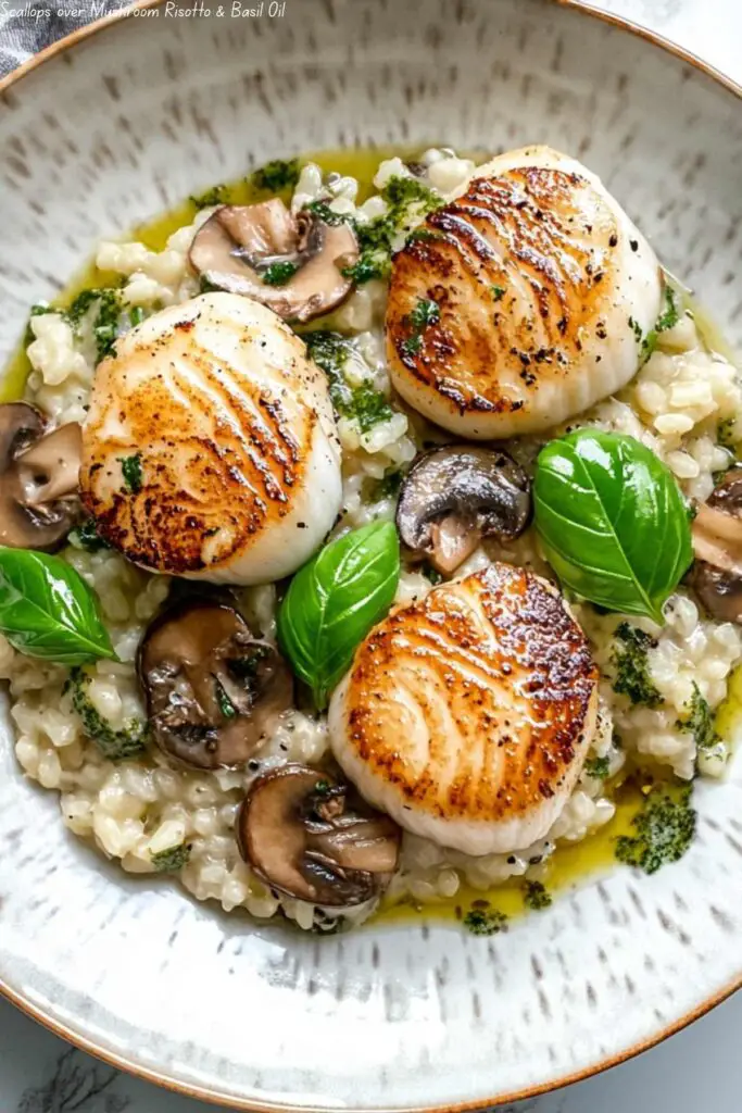 Scallops over Mushroom Risotto & Basil Oil