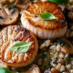 Scallops over Mushroom Risotto & Basil Oil