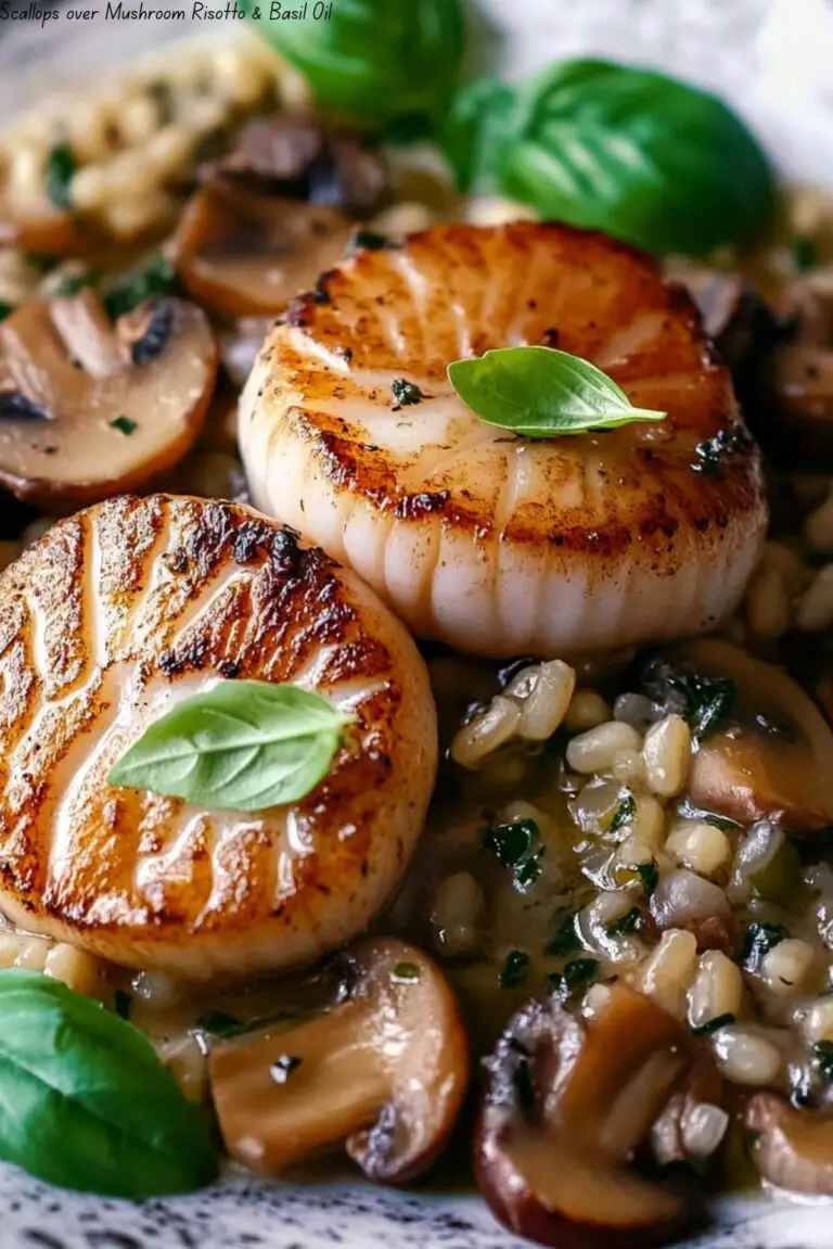 Scallops over Mushroom Risotto & Basil Oil