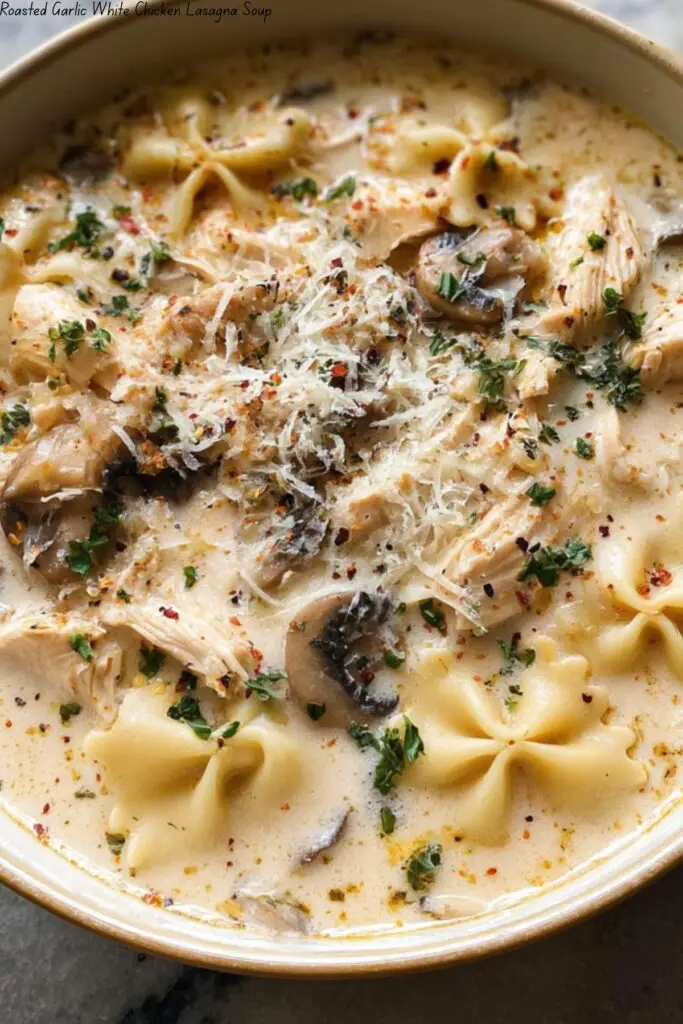 Roasted Garlic White Chicken Lasagna Soup