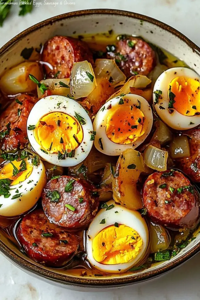 Grandma’s Pickled Eggs, Sausage & Onions