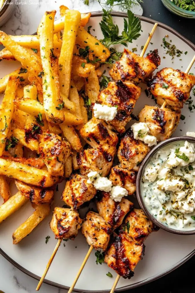 Chicken Tzatziki Skewers with Feta Fries