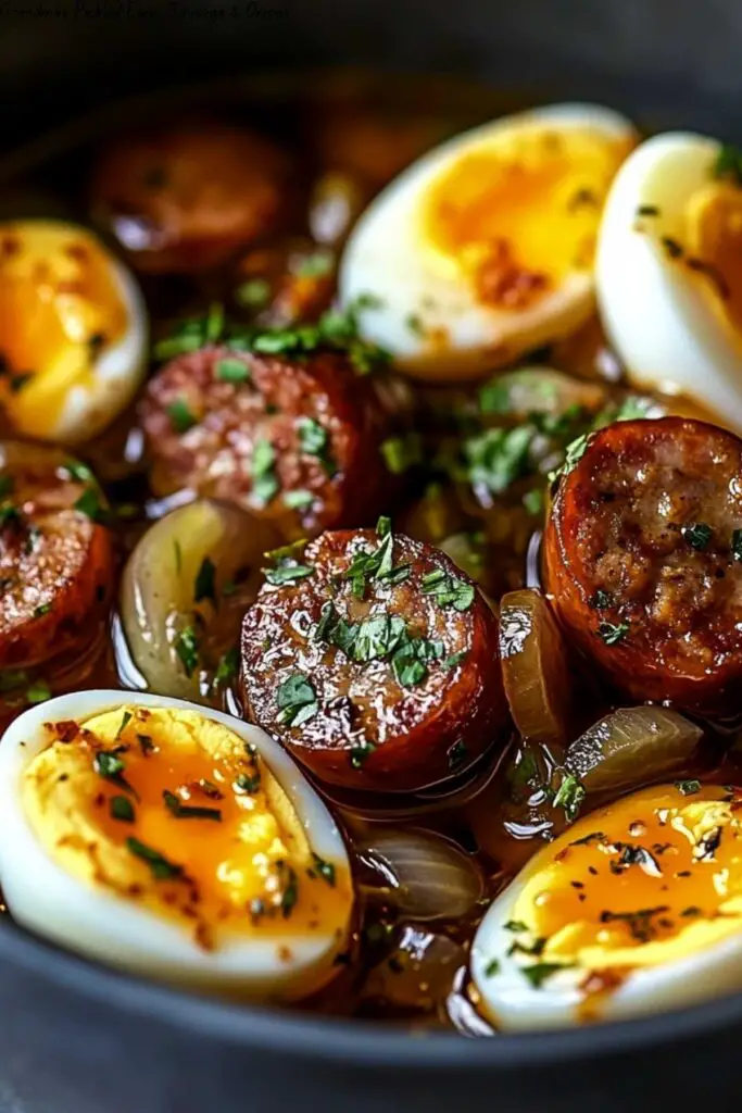 Grandma’s Pickled Eggs, Sausage & Onions