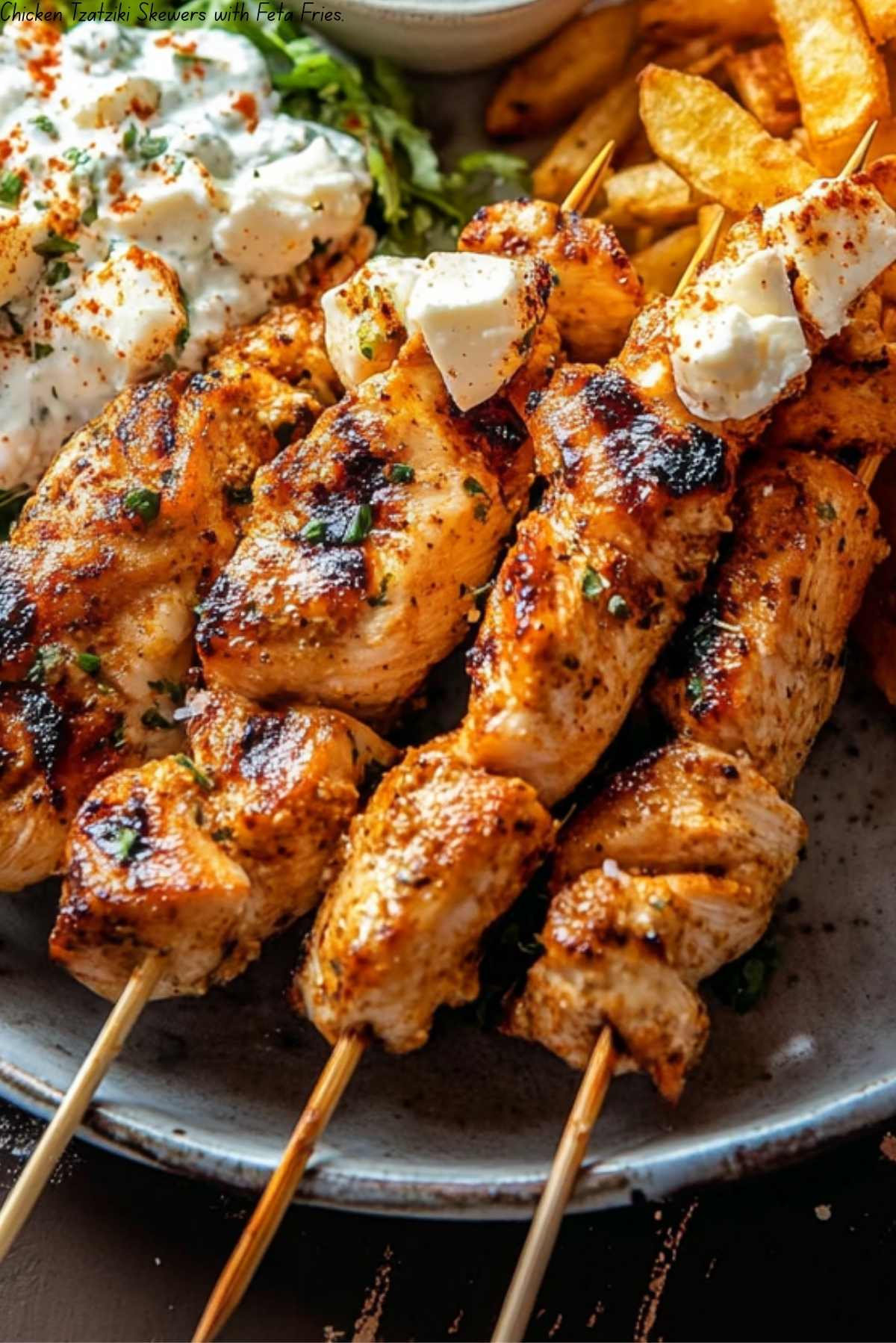 Chicken Tzatziki Skewers with Feta Fries