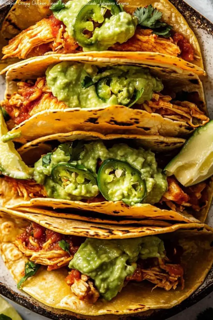 Crockpot Crispy Chicken Tinga Tacos with Avocado Jalapeño Crema.