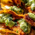 Crockpot Crispy Chicken Tinga Tacos with Avocado Jalapeño Crema.