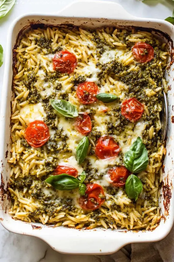 Easiest One Pan Caprese Pesto Orzo Bake