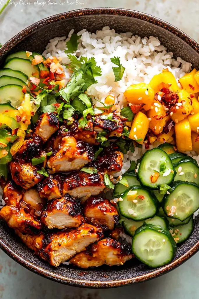 Chili Crisp Chicken Mango Cucumber Rice Bowl