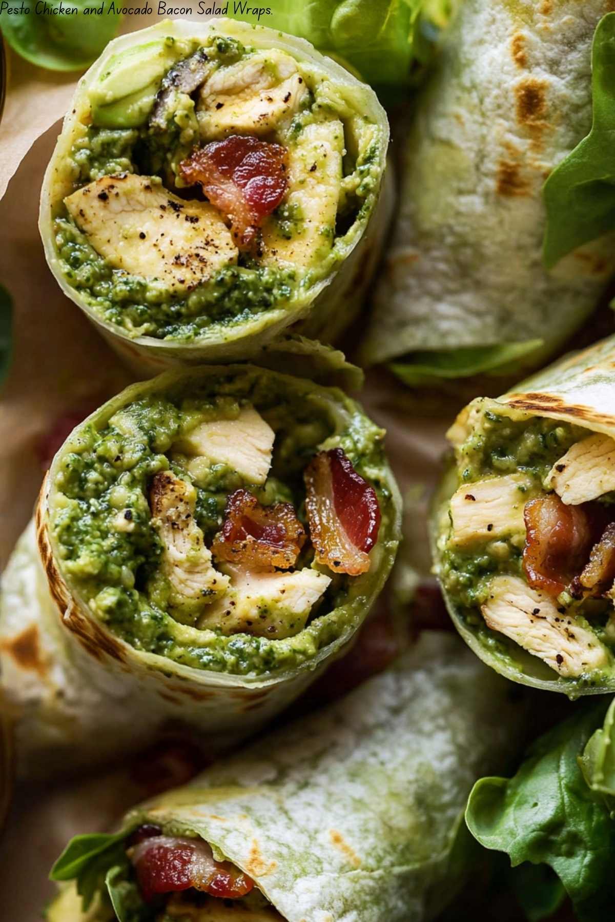 Pesto Chicken and Avocado Bacon Salad Wraps