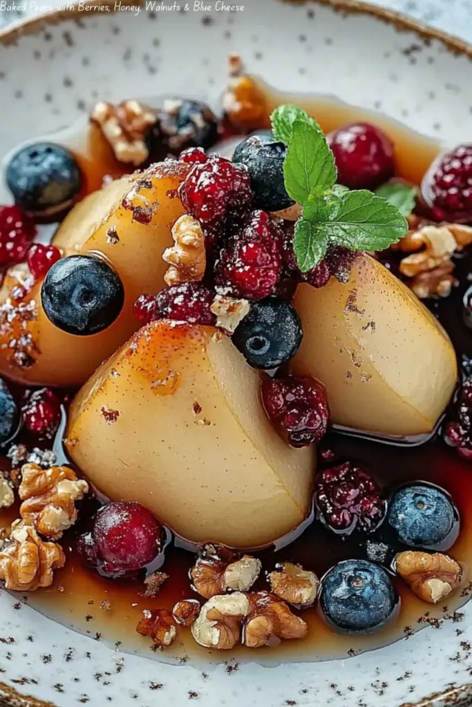 Baked Pears with Berries, Honey, Walnuts & Blue Cheese