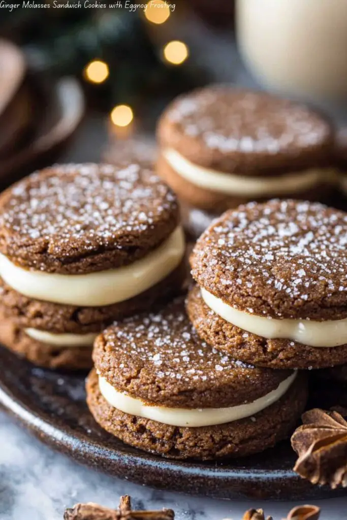 Ginger Molasses Sandwich Cookies with Eggnog Frosting