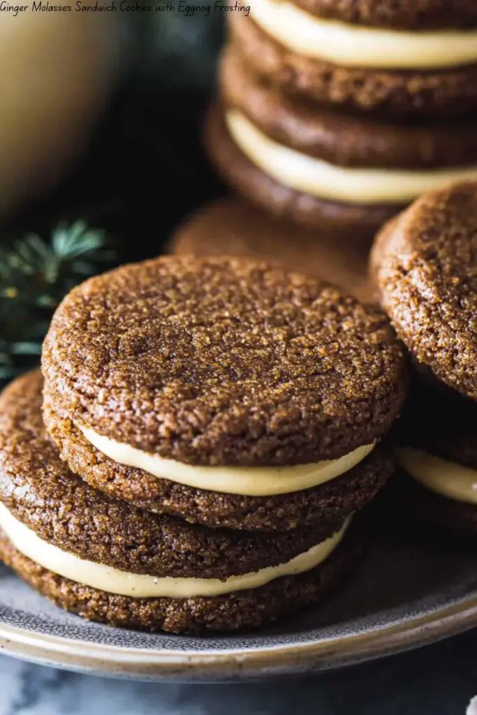 Ginger Molasses Sandwich Cookies with Eggnog Frosting