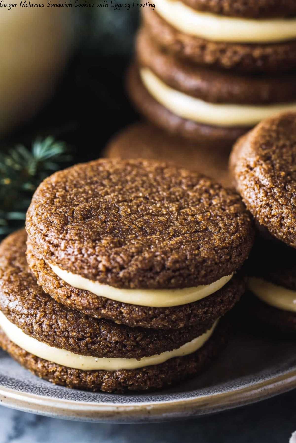Ginger Molasses Sandwich Cookies with Eggnog Frosting