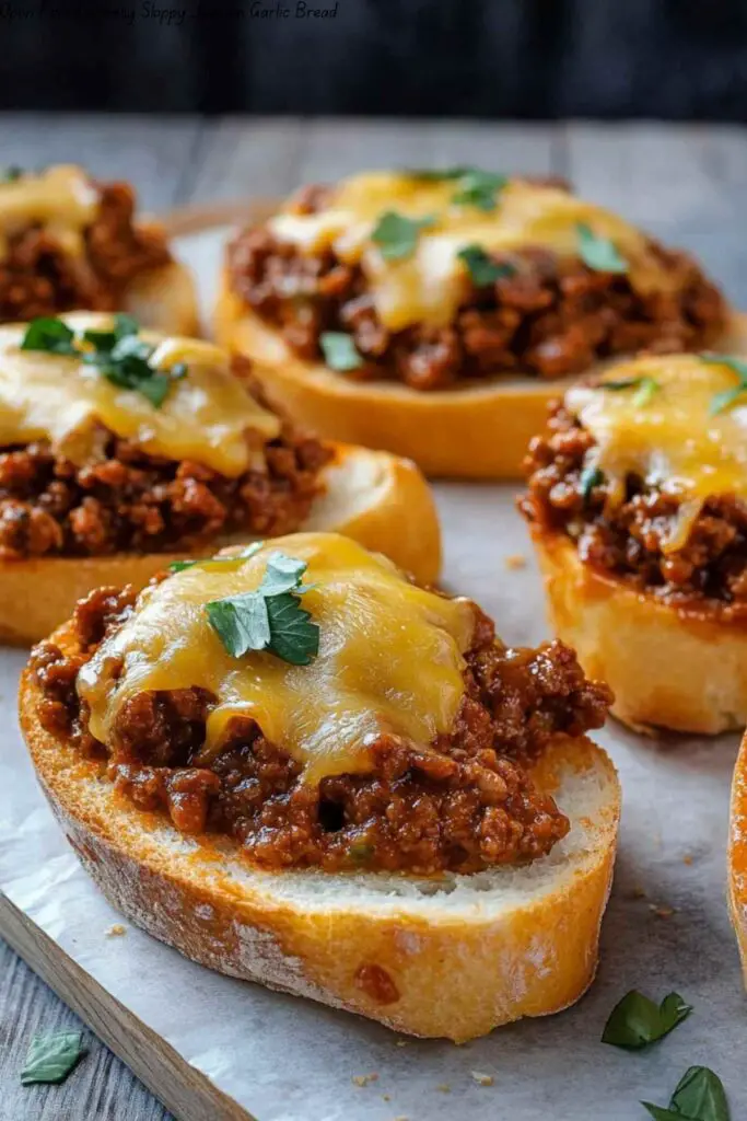 Open Faced Cheesy Sloppy Joes on Garlic Bread