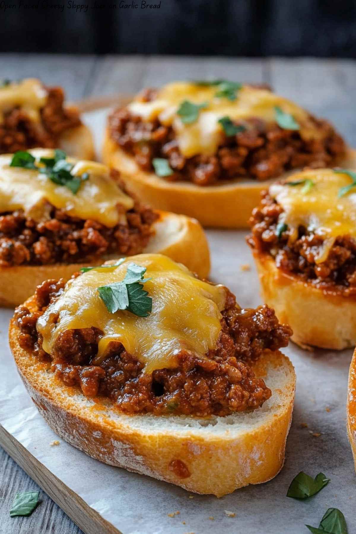 Open Faced Cheesy Sloppy Joes on Garlic Bread
