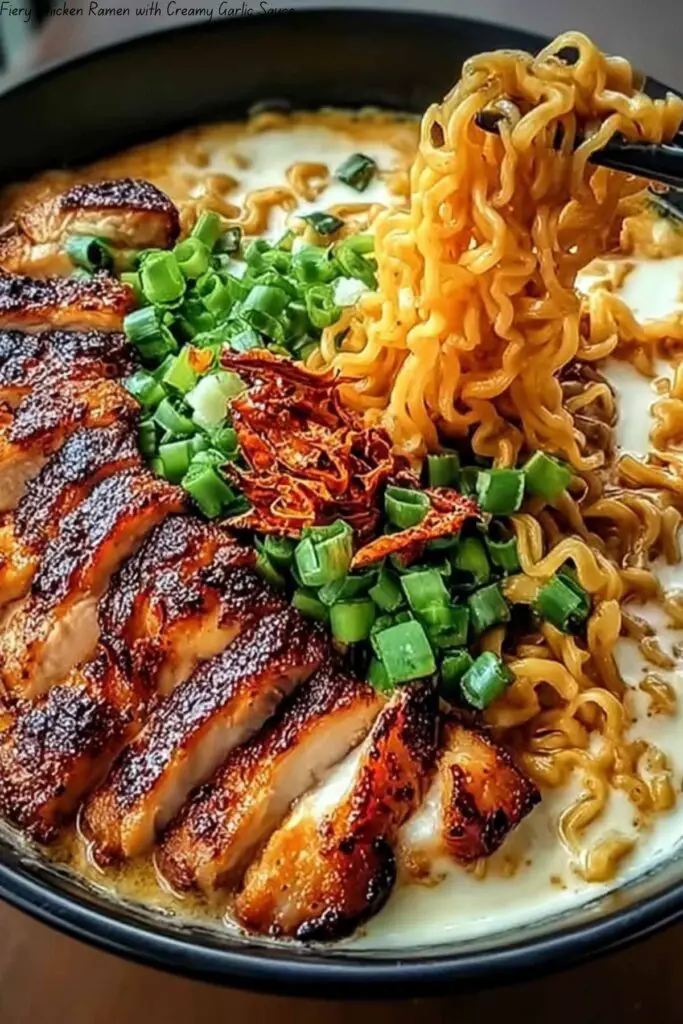 Fiery Chicken Ramen with Creamy Garlic Sauce